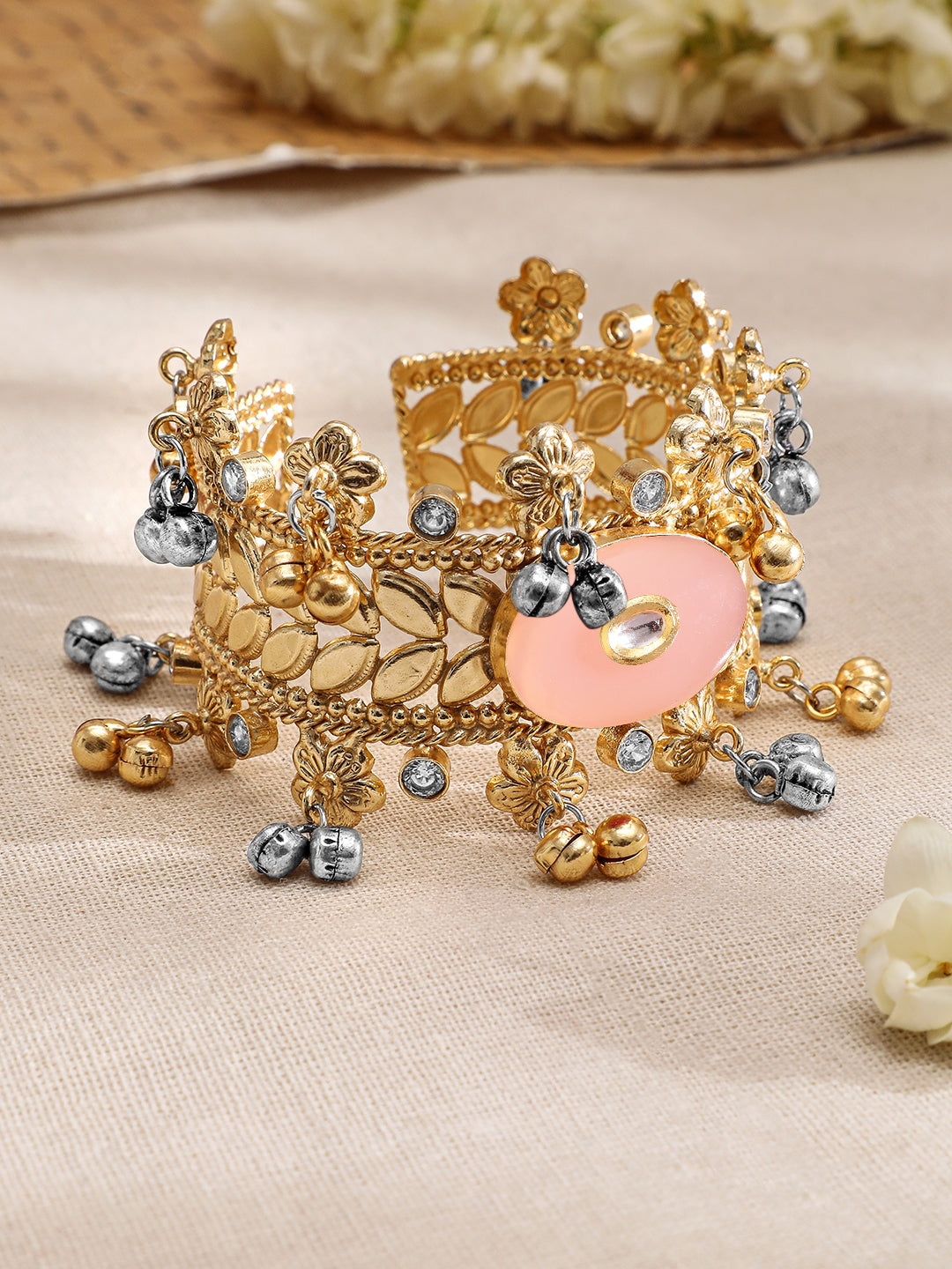 Wentra 24K Gold-Plated Dual-Tone Gold & Silver Beads Peach Stone Handcrafted Cuff Bracelet