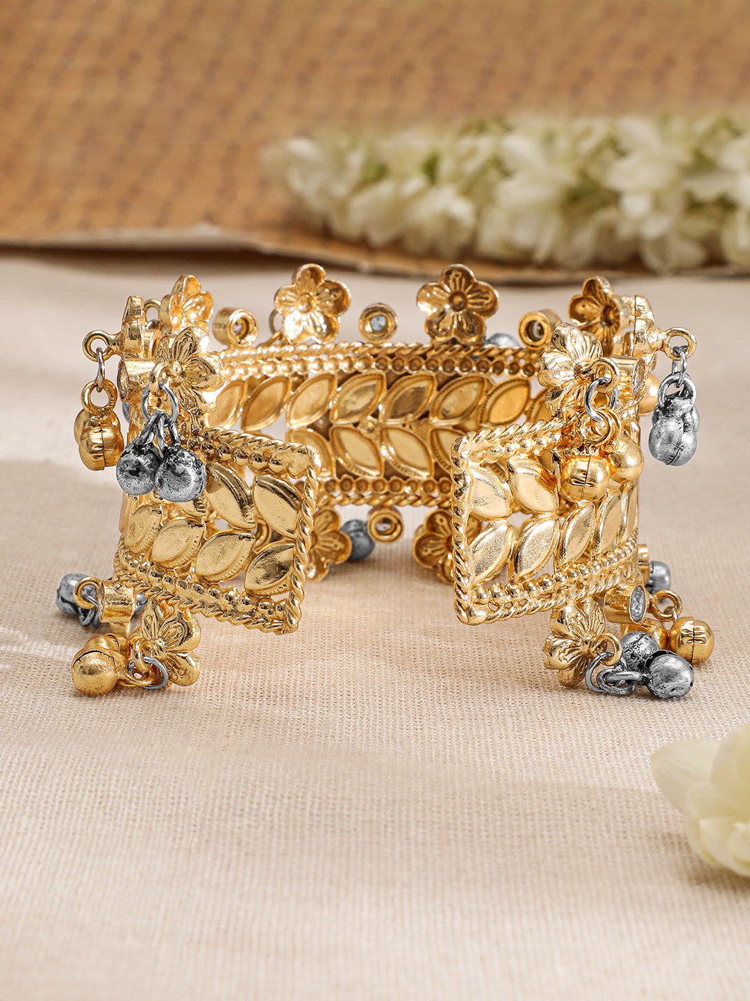 Wentra 24K Gold-Plated Dual-Tone Gold & Silver Beads Peach Stone Handcrafted Cuff Bracelet