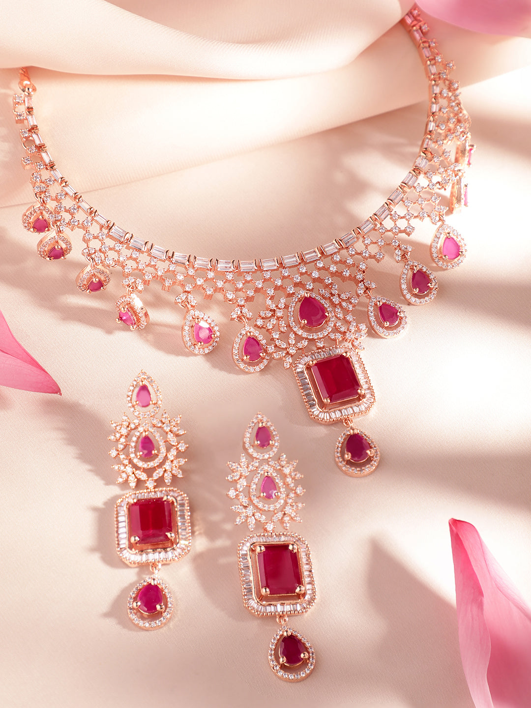 Wentra 24K Rose Gold Plated Ruby Pink Sapphire & Cubic Zirconia Studded Handcrafted Premium Jewellery Set