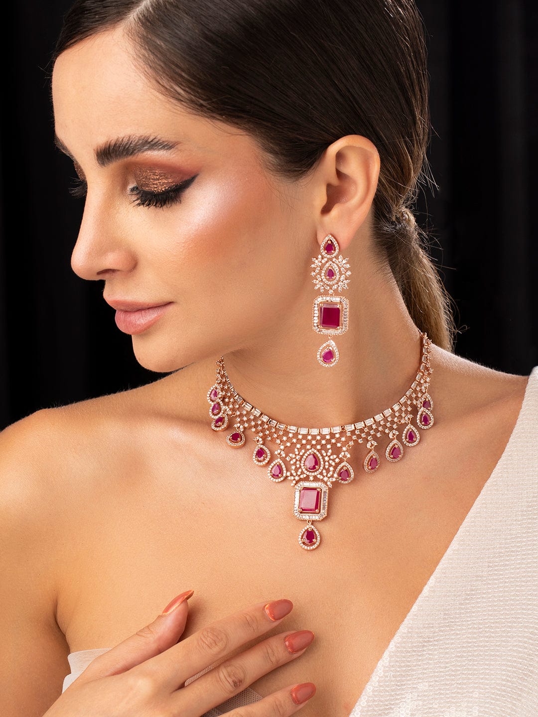 Wentra 24K Rose Gold Plated Ruby Pink Sapphire & Cubic Zirconia Studded Handcrafted Premium Jewellery Set