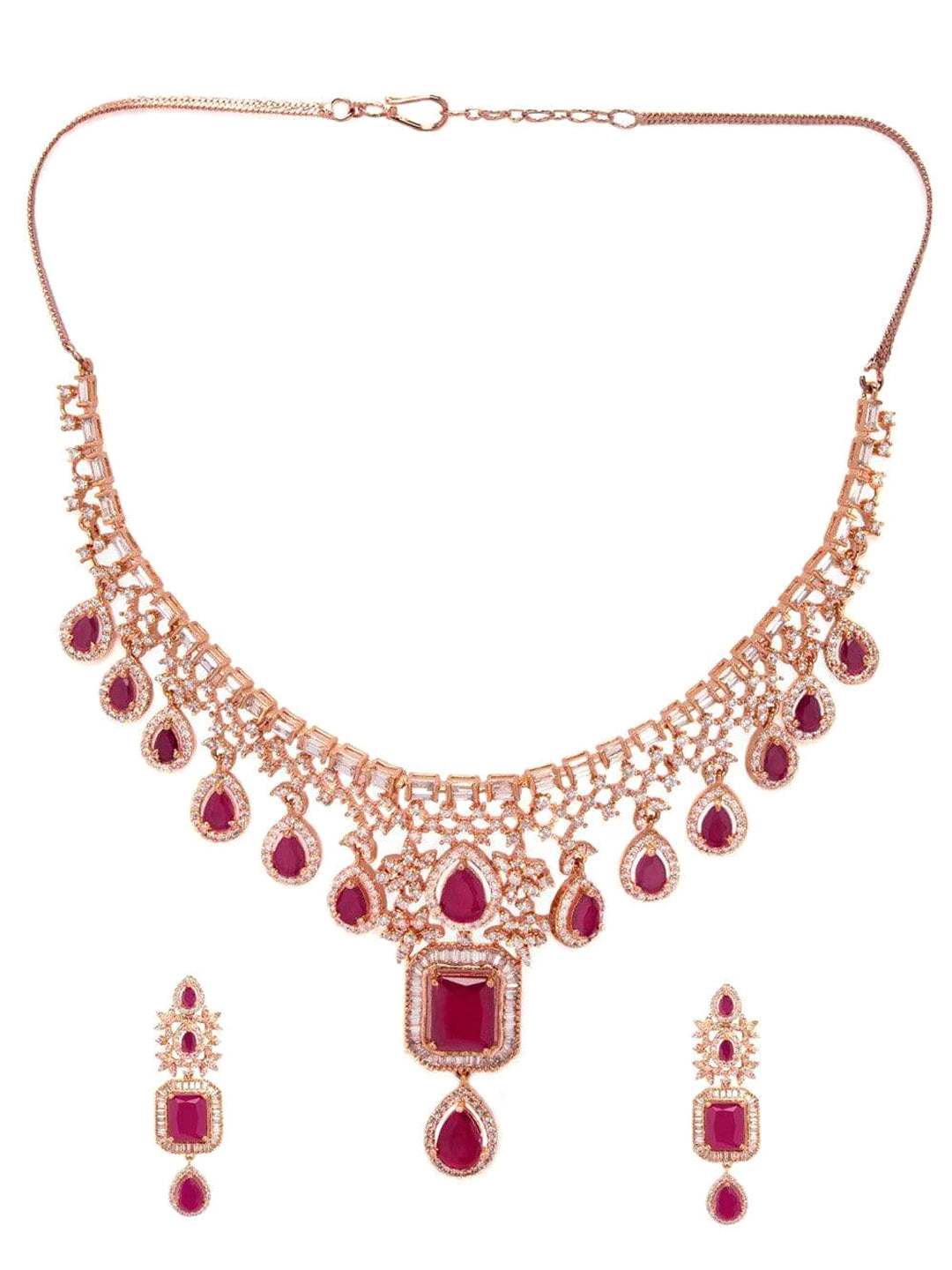 Wentra 24K Rose Gold Plated Ruby Pink Sapphire & Cubic Zirconia Studded Handcrafted Premium Jewellery Set