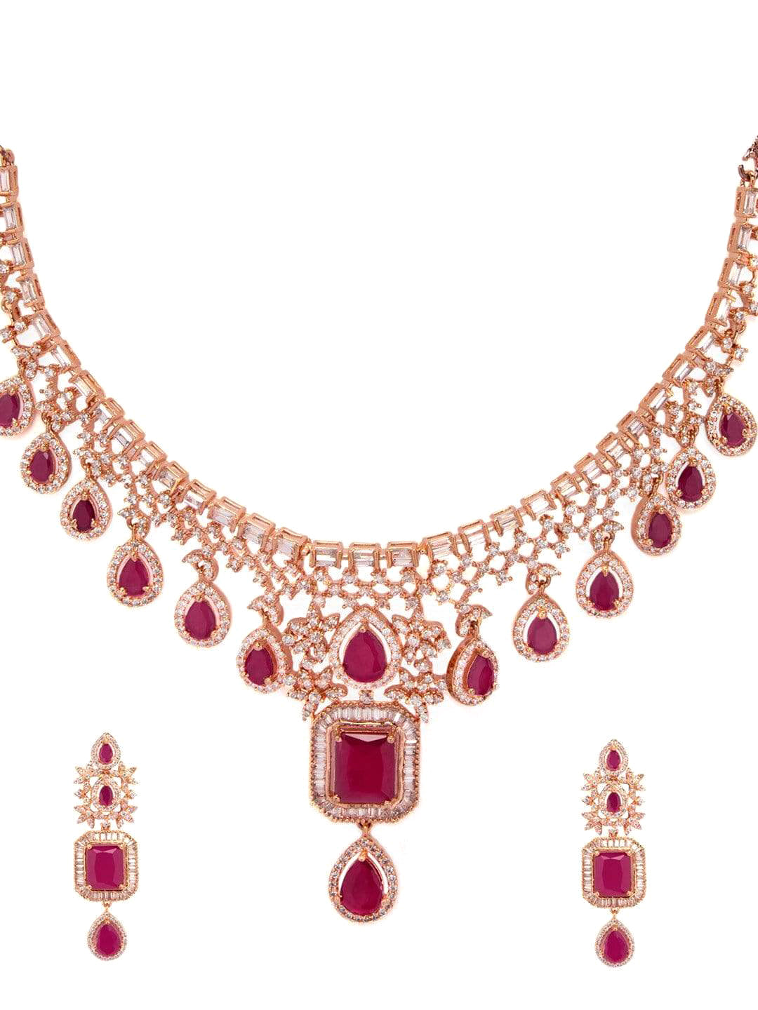 Wentra 24K Rose Gold Plated Ruby Pink Sapphire & Cubic Zirconia Studded Handcrafted Premium Jewellery Set