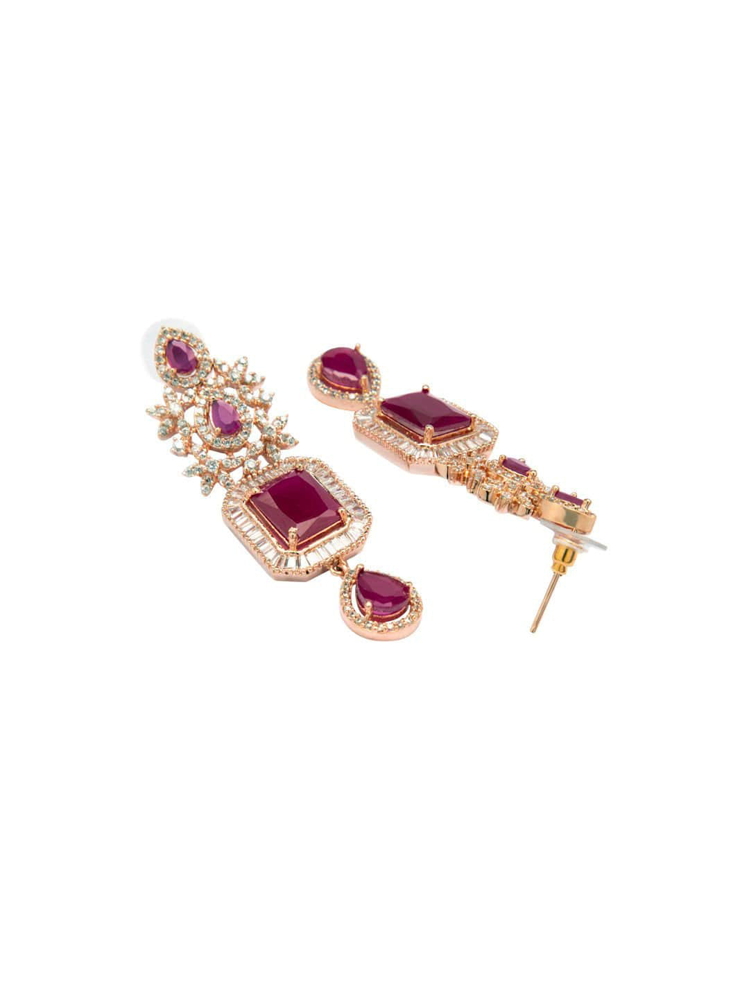 Wentra 24K Rose Gold Plated Ruby Pink Sapphire & Cubic Zirconia Studded Handcrafted Premium Jewellery Set