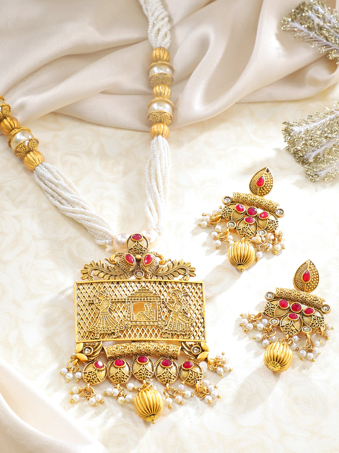 Wentra 22K Gold-Plated Ruby & White Pearl Beaded Multistrand Temple Motif Jewellery Set