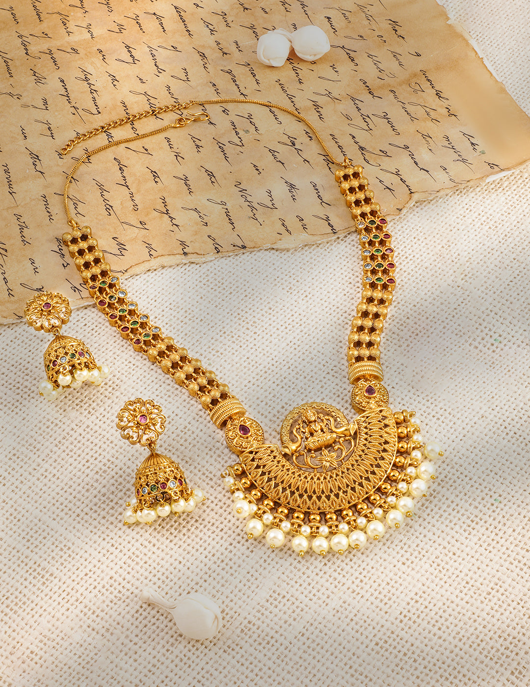 Pearl Drop Laxmi Motif Gold Necklace Set