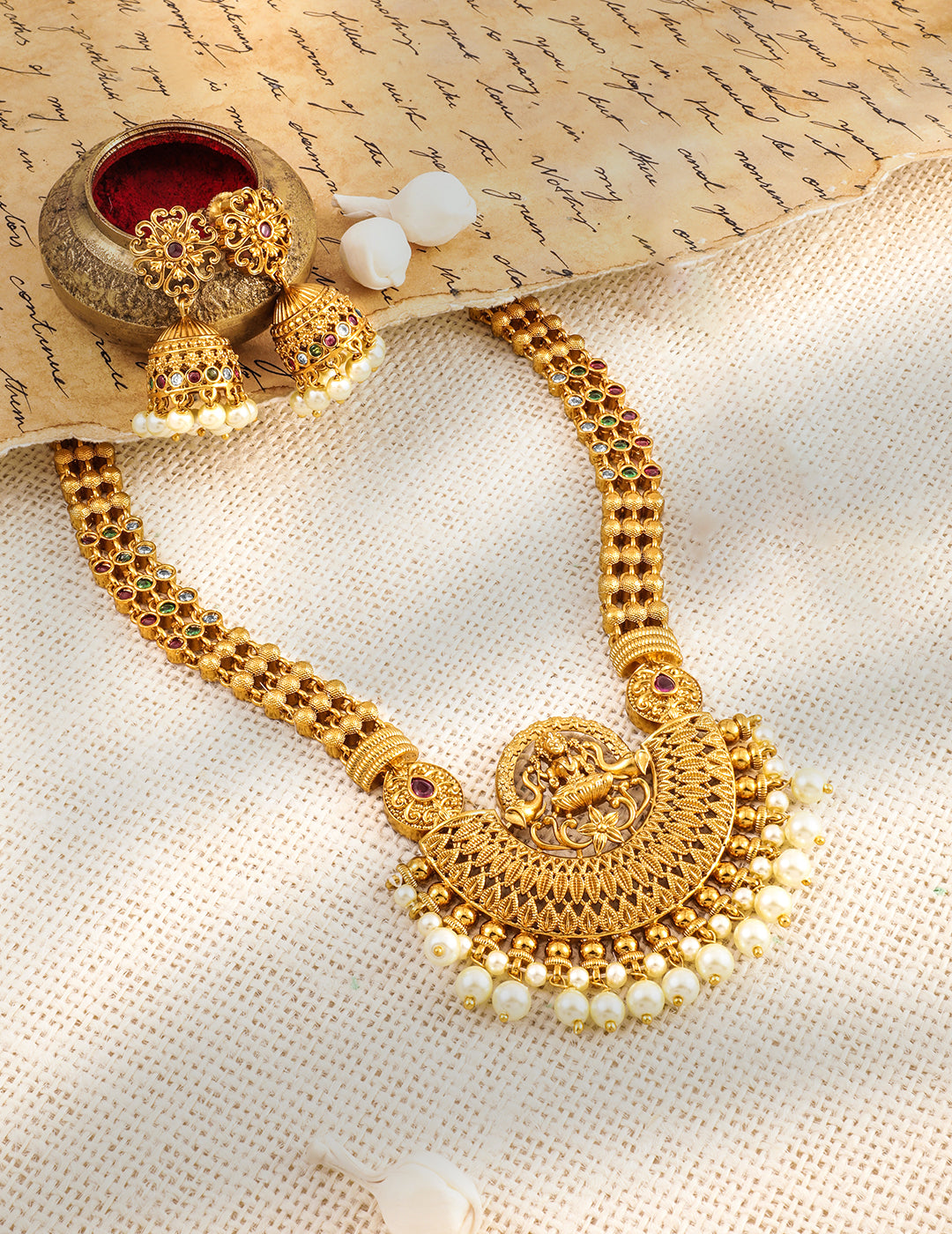 Pearl Drop Laxmi Motif Gold Necklace Set