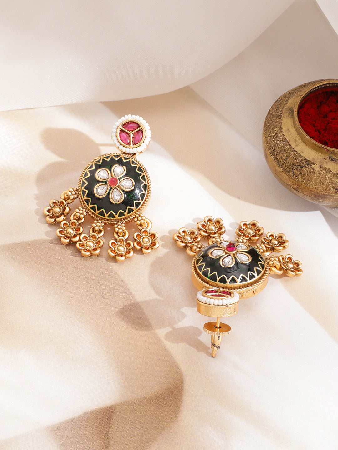 Gold Elephant & Peacock Motif Floral Drops Necklace Set