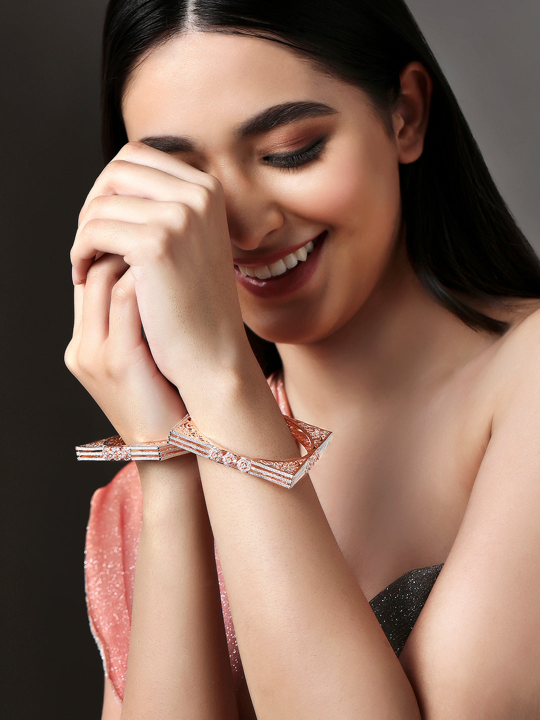 Wentra Set Of 2 Rose Gold-Plated Cubic Zirconia Stone Studded Handcrafted Bangle