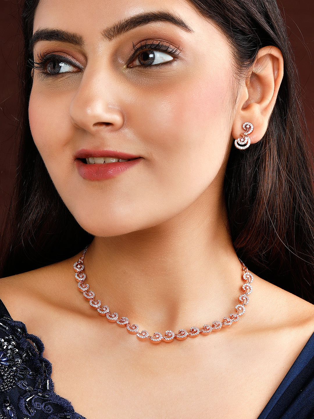 Wentra Rose Gold Plated Zirconia Stone Studded Handcrafted Necklace Set.