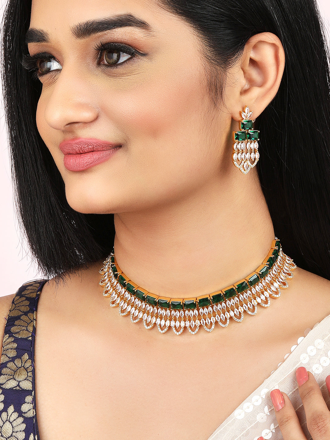 Wentra Gold Plated Green & White Stone Studded American Diamond Necklace Set.
