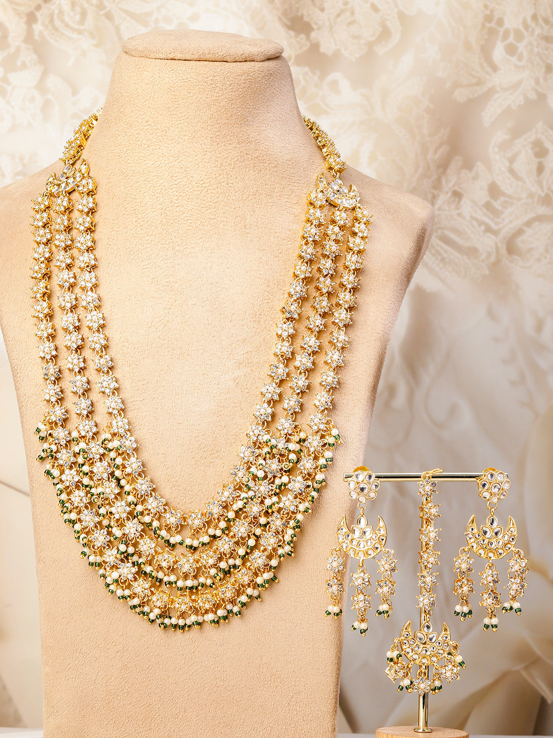 Multi-Layered American Diamond Zirconia Pearl Necklace Set