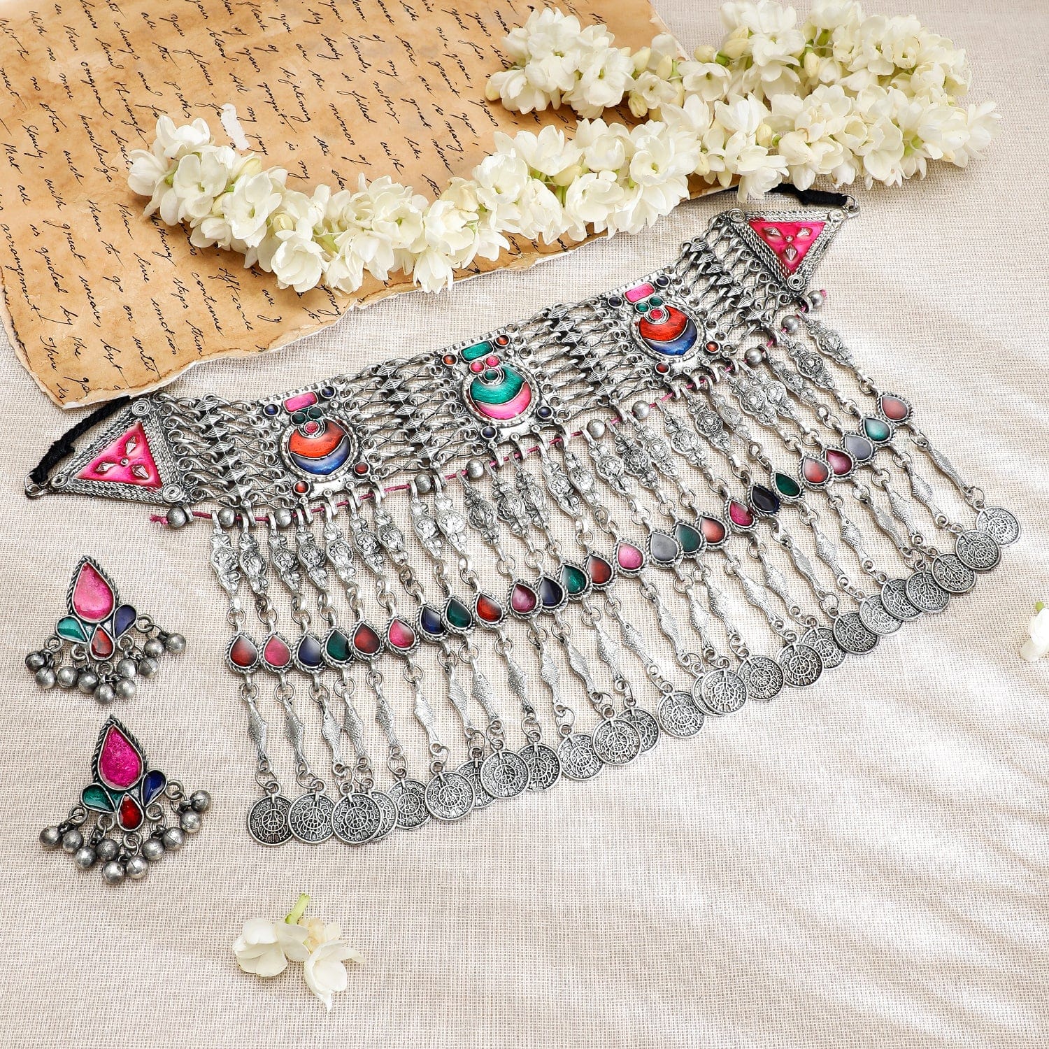 Multicolor Oxidised Afghani Necklace Set