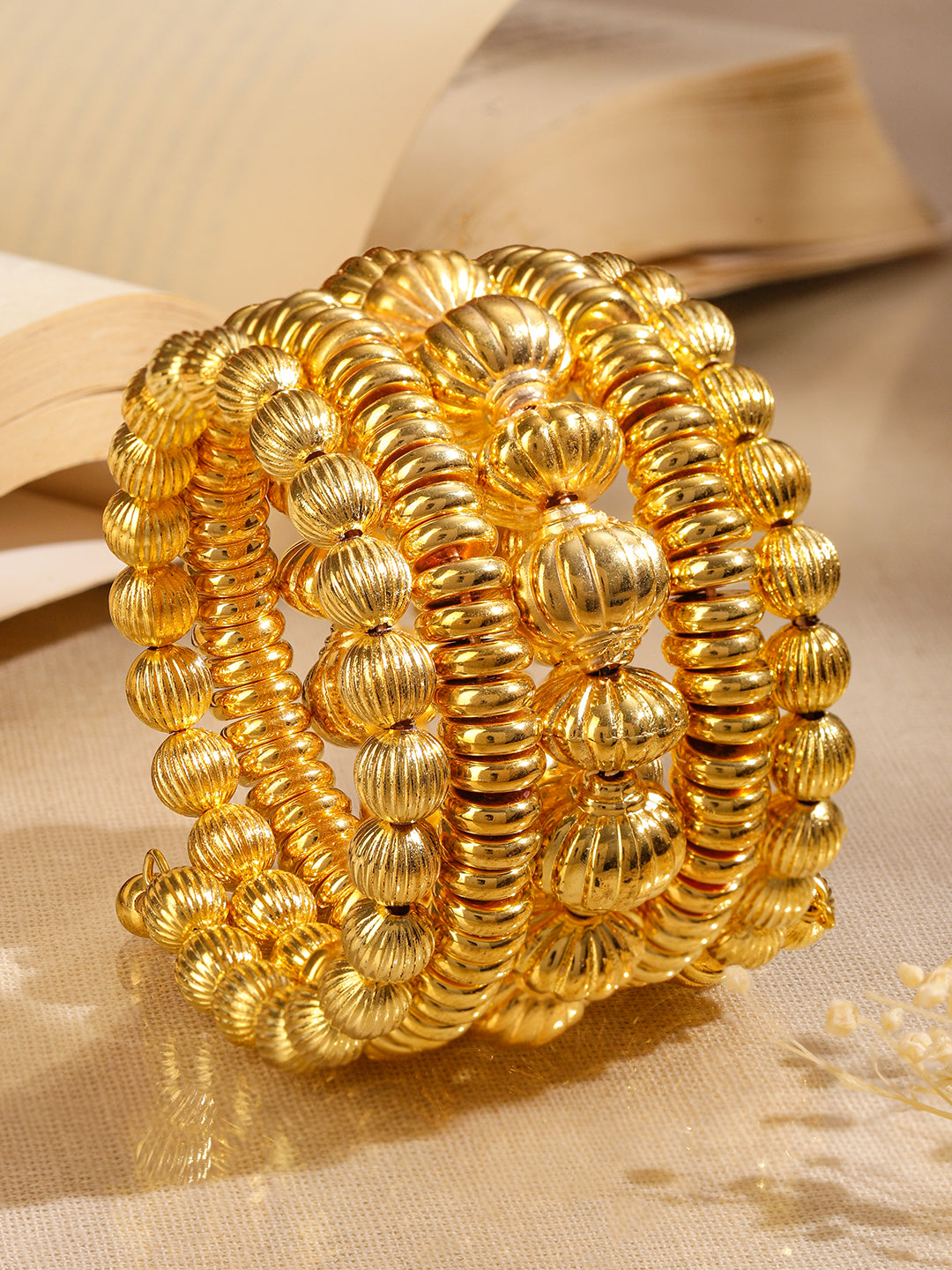 Wentra 18K Gold-Plated Textured Golden Beaded Statement Bracelet for Women