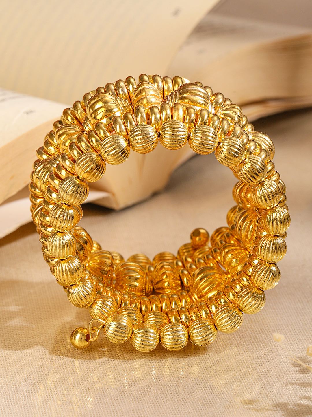 Wentra 18K Gold-Plated Textured Golden Beaded Statement Bracelet for Women