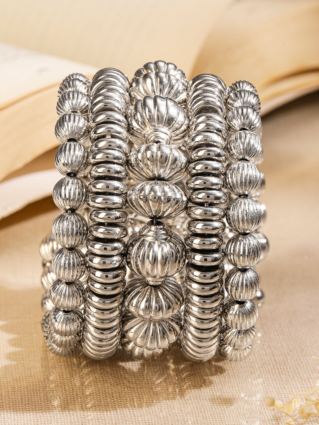 Wentra Silver-Plated Textured Beaded Statement Bracelet for Women