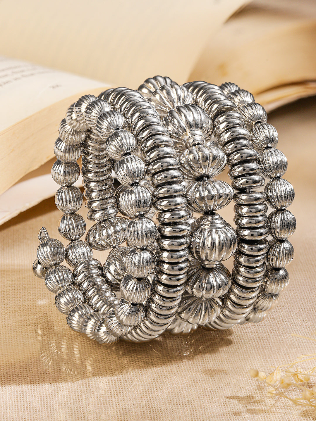 Wentra Silver-Plated Textured Beaded Statement Bracelet for Women