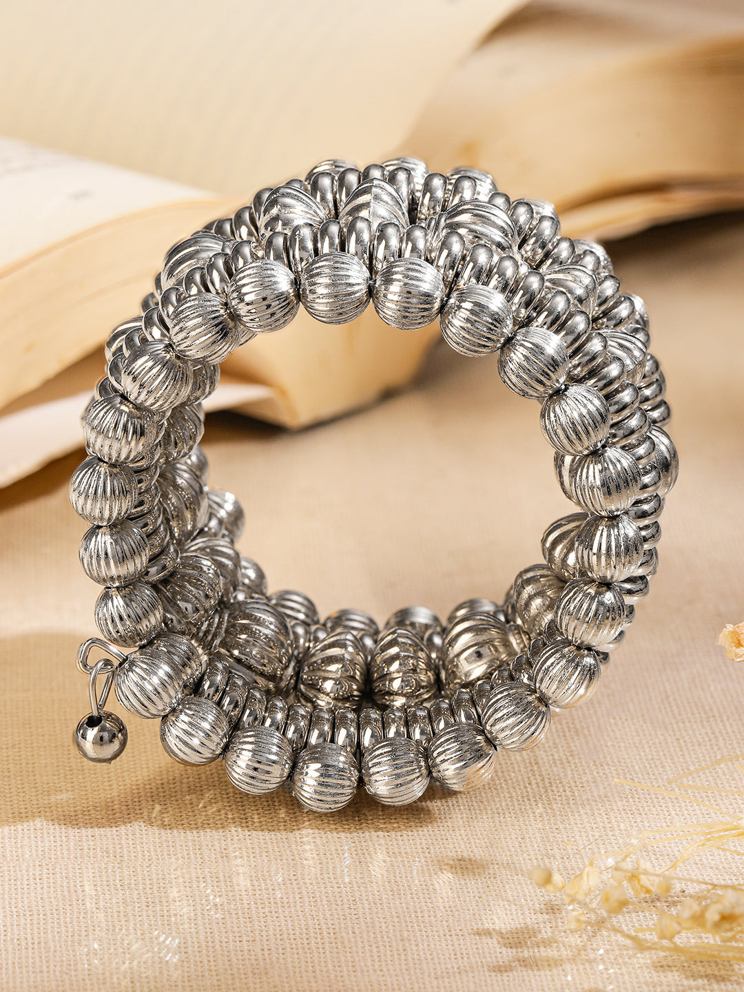 Wentra Silver-Plated Textured Beaded Statement Bracelet for Women