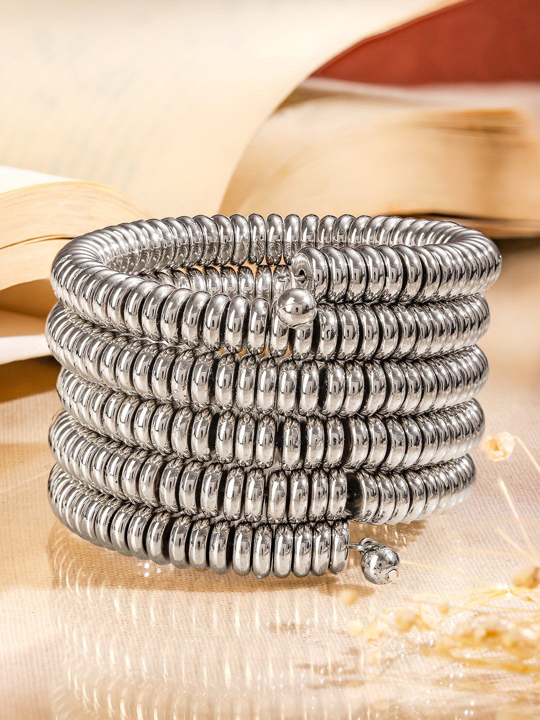 Wentra Silver-Plated Glossy Silver Beaded Multi-Layered Coiled Bracelet for Women