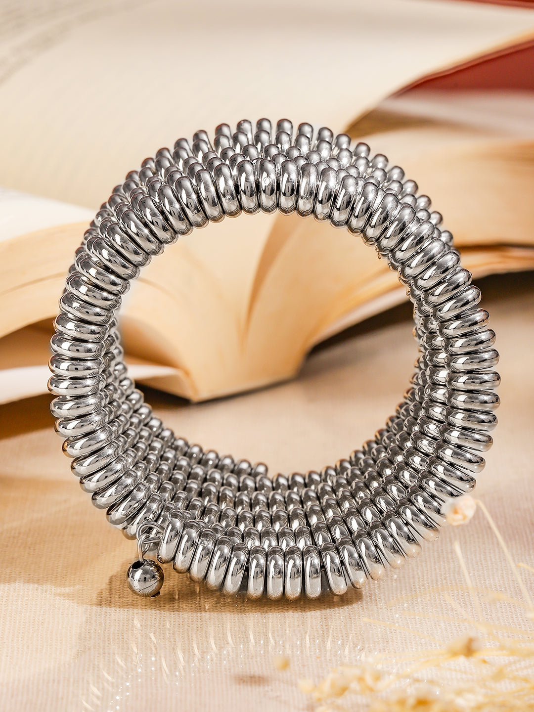 Wentra Silver-Plated Glossy Silver Beaded Multi-Layered Coiled Bracelet for Women