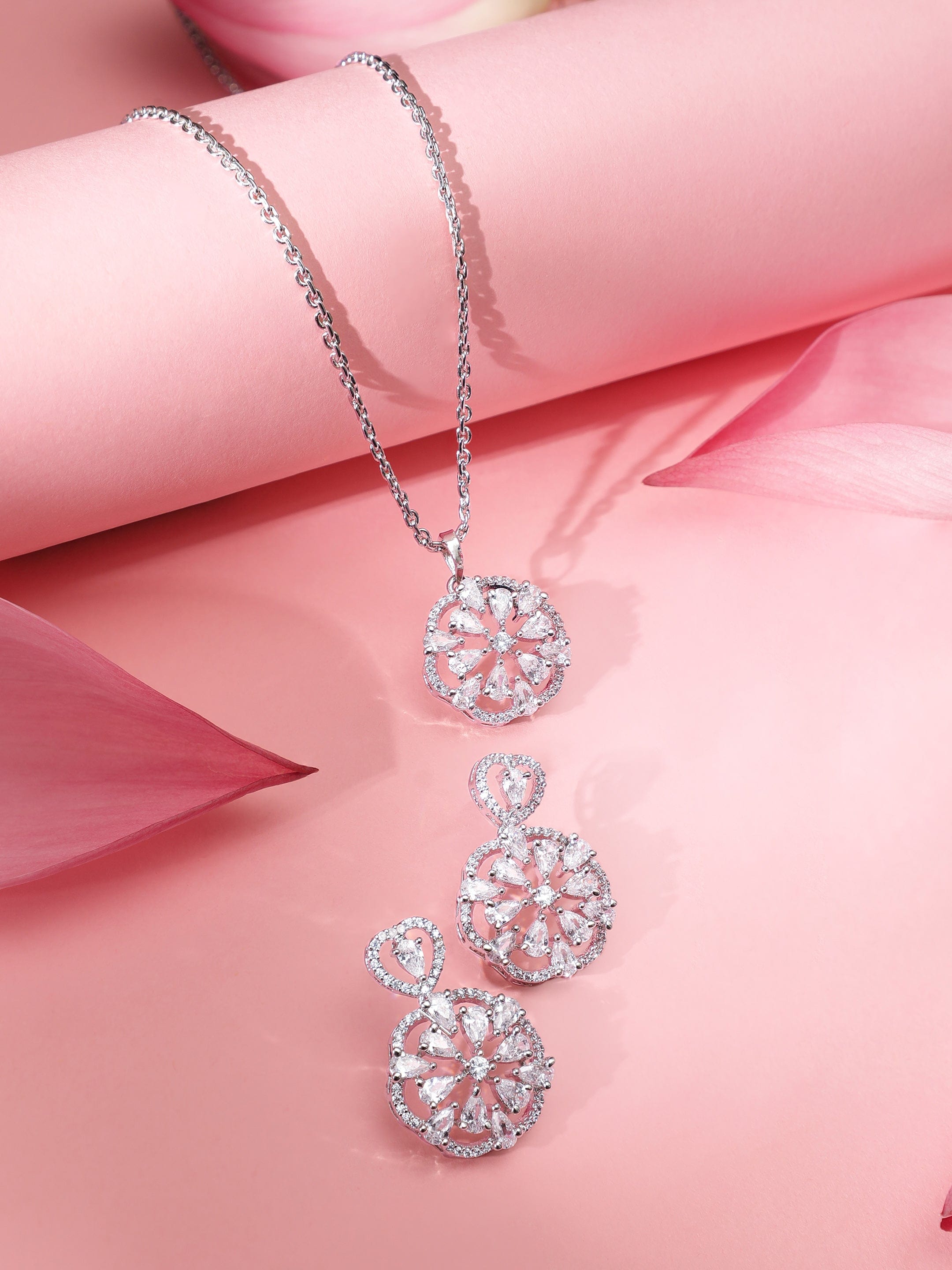 American Diamond Zirconia Floral Pendant Necklace  Set