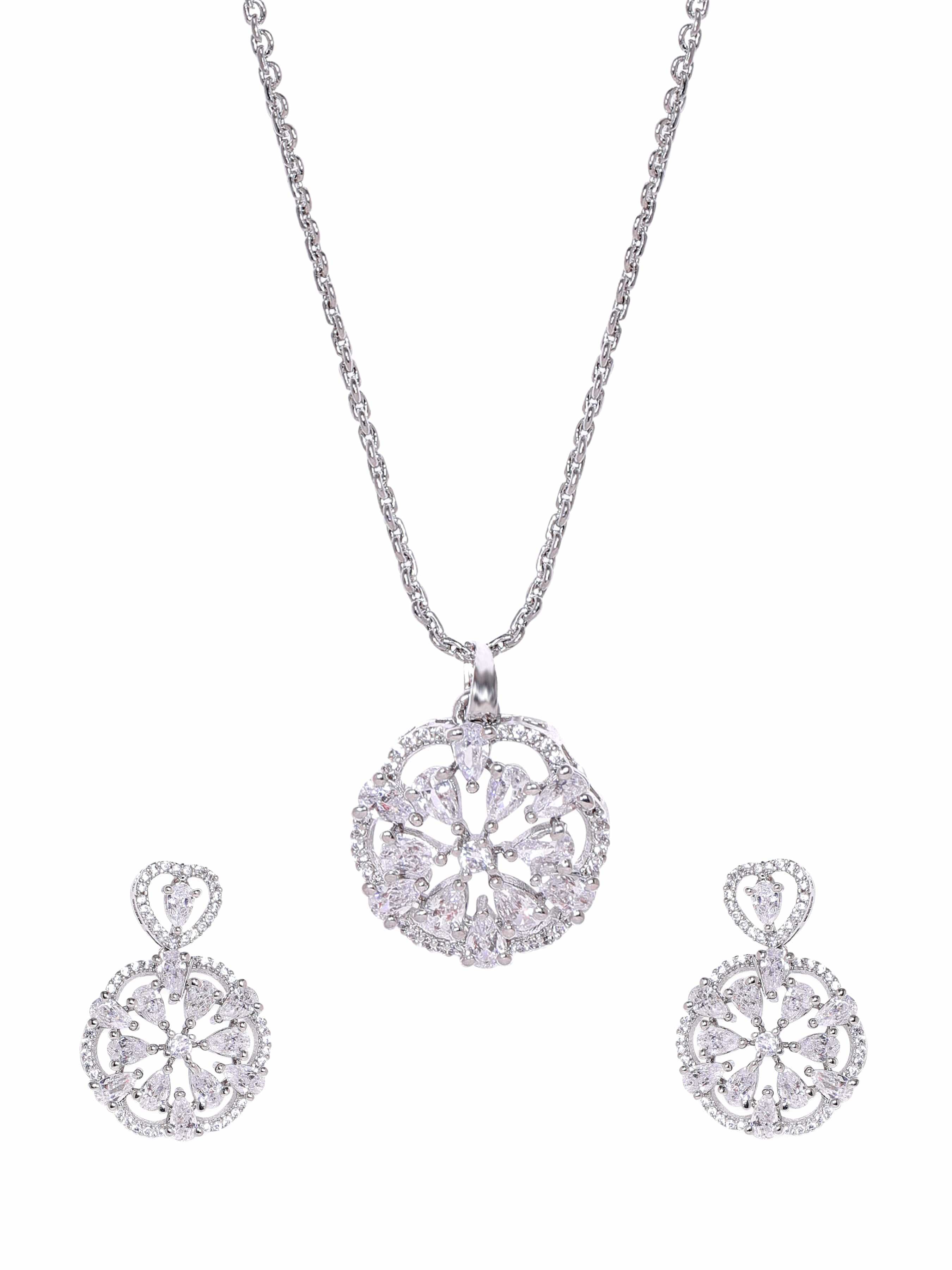 American Diamond Zirconia Floral Pendant Necklace  Set