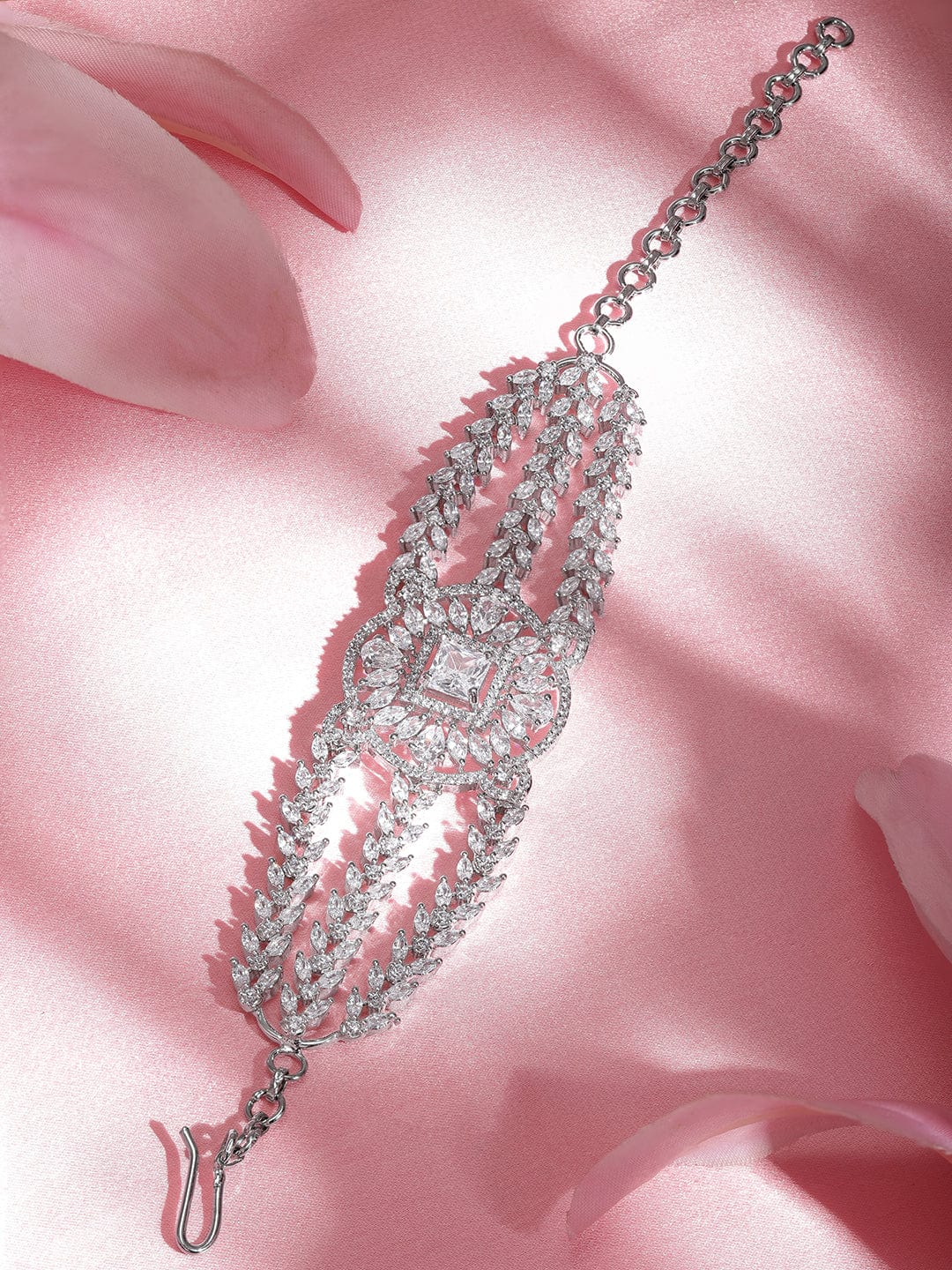 Wentra Rhodium Plated Pave Cubic Zirconia Stone Studded Triple Layer Premium Chain Bracelet