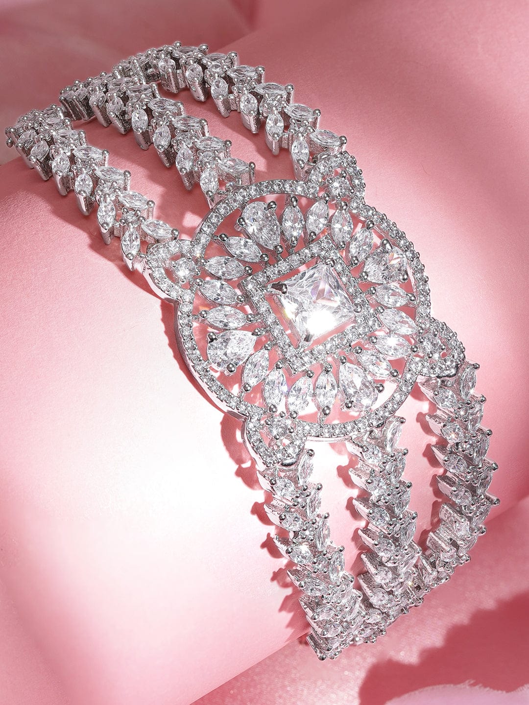 Wentra Rhodium Plated Pave Cubic Zirconia Stone Studded Triple Layer Premium Chain Bracelet