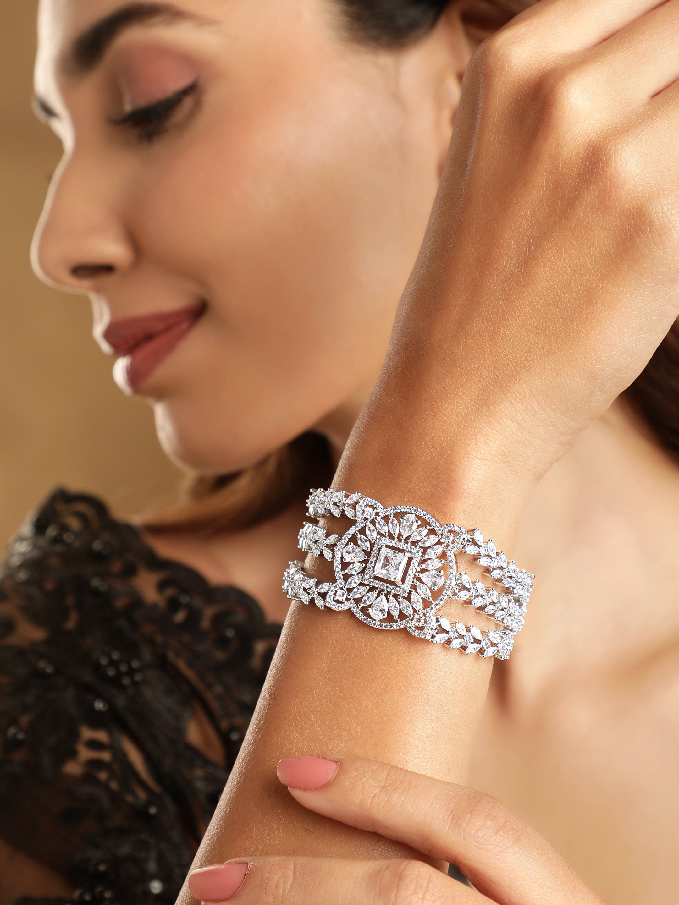 Wentra Rhodium Plated Pave Cubic Zirconia Stone Studded Triple Layer Premium Chain Bracelet