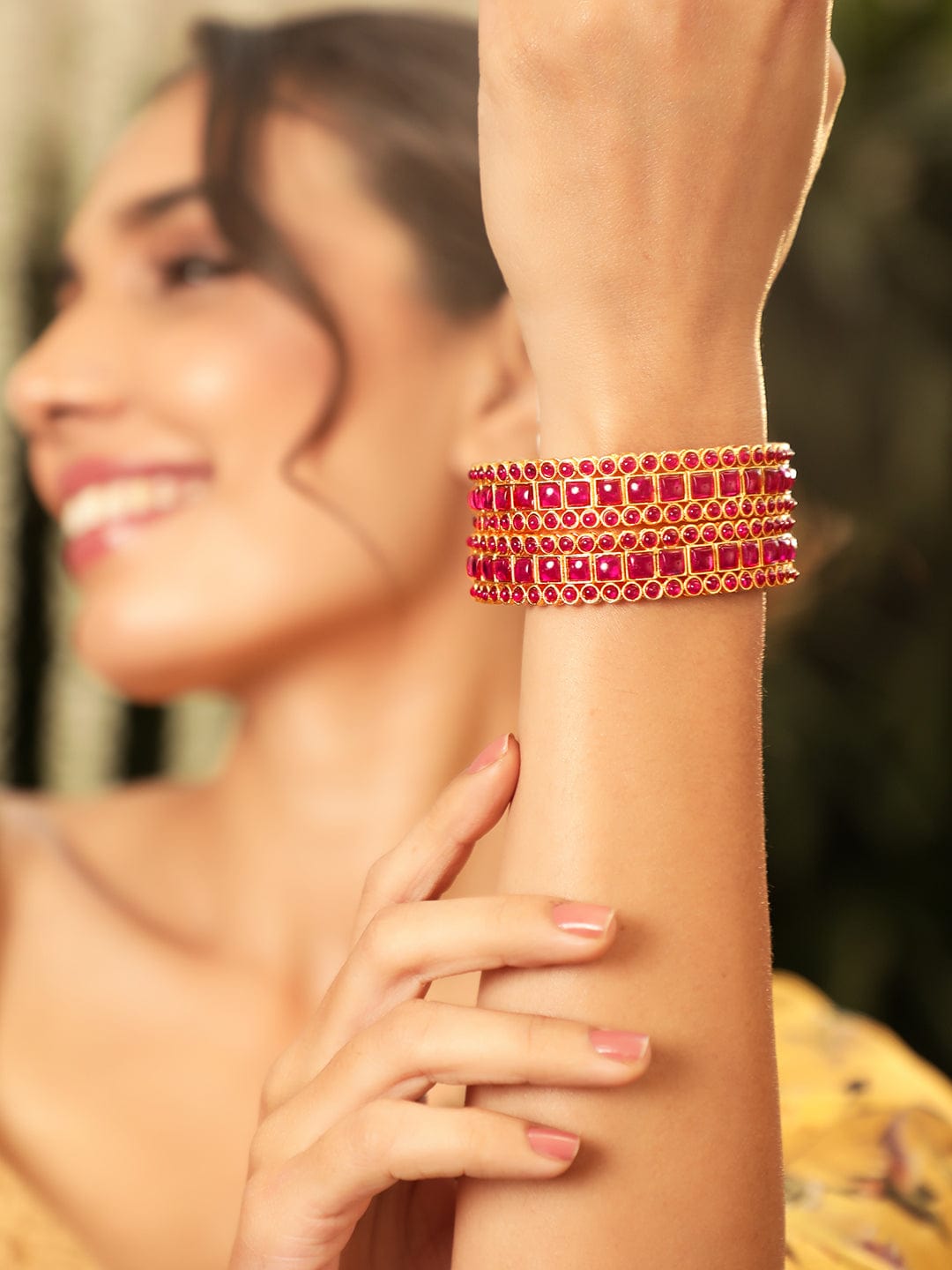 Pink Studded Gold Toned Bangles Set of 2