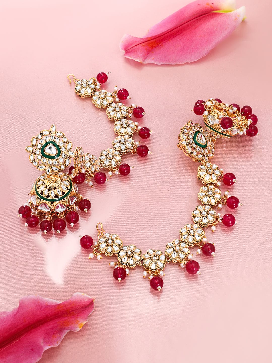 Royal Kaan Chain Kundan Red Jhumka Earrings
