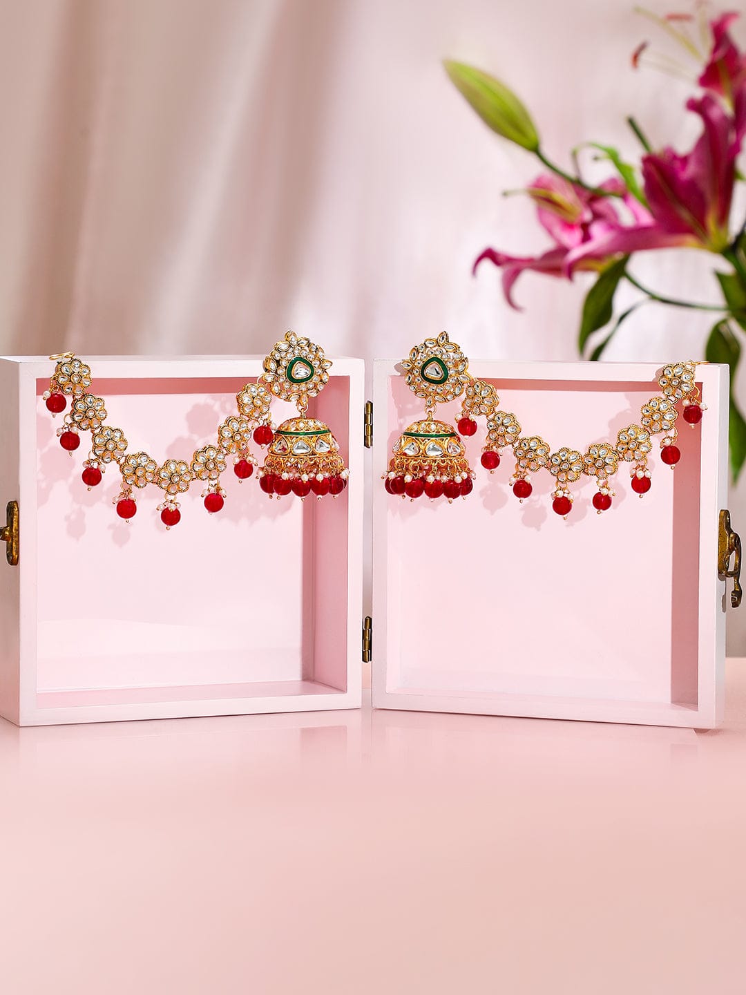 Royal Kaan Chain Kundan Red Jhumka Earrings
