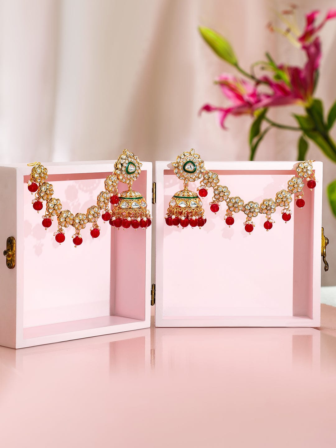 Royal Kaan Chain Kundan Red Jhumka Earrings
