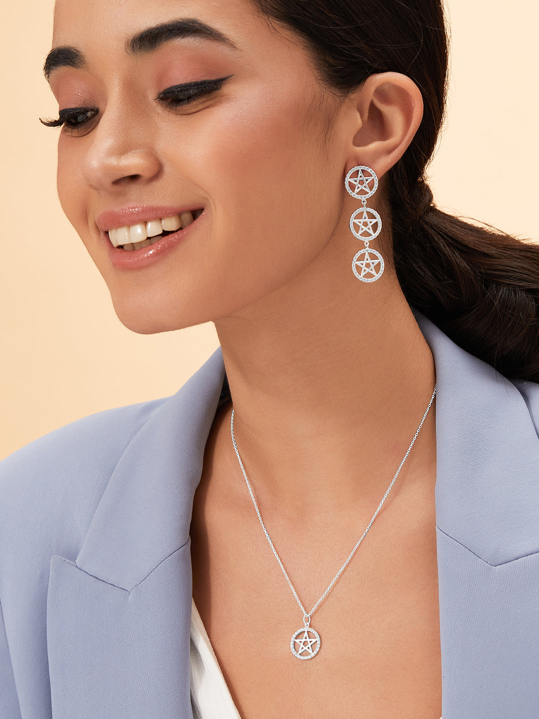 Wentra 925 Silver Shine As A Star Pendant Necklace Set.