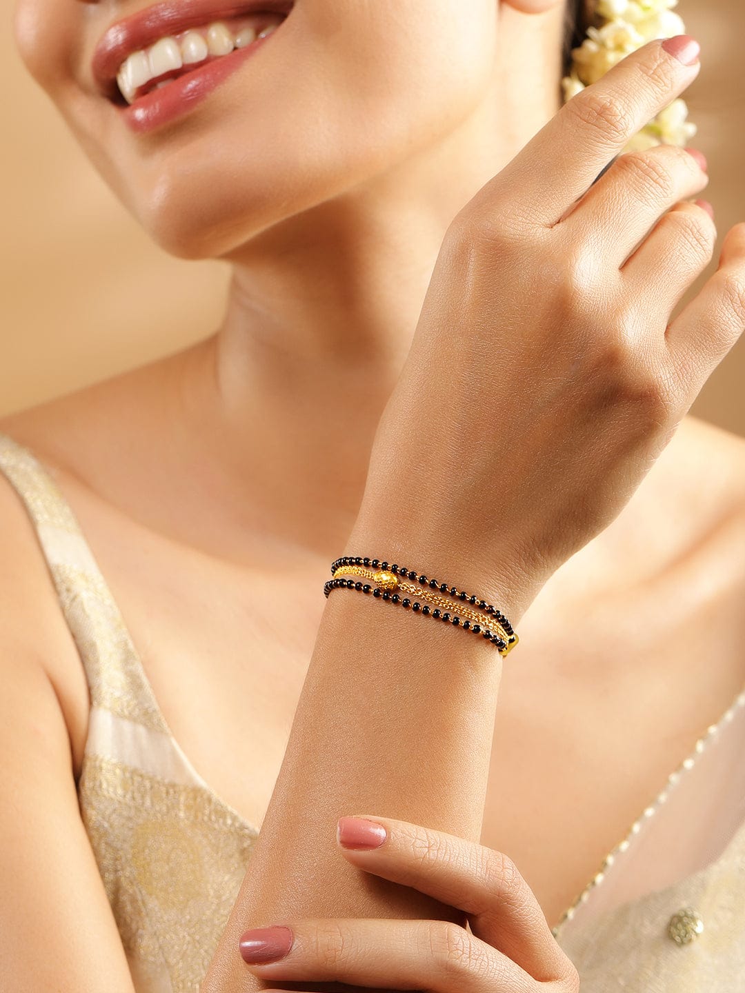 Wentra 18K Gold-Plated Black Beaded & Golden Chain Mangalsutra Bracelet for Women