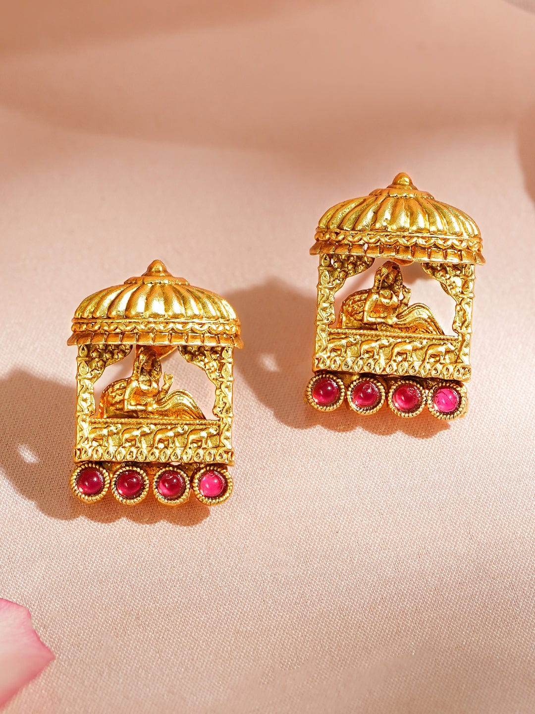 Pink Studded Gold Toned Temple Necklace