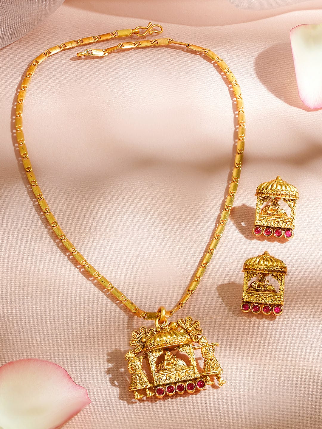 Pink Studded Gold Toned Temple Necklace