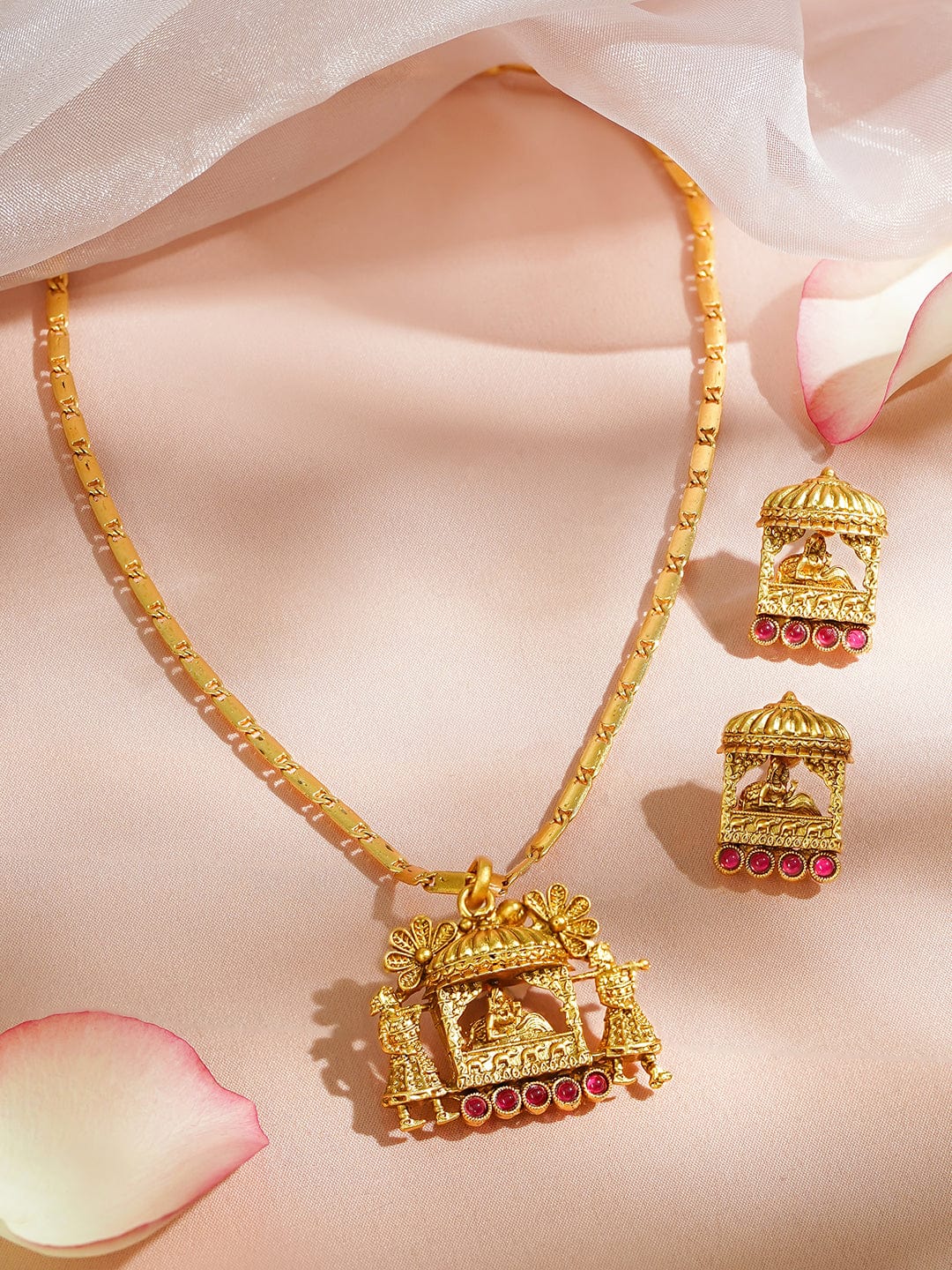 Pink Studded Gold Toned Temple Necklace