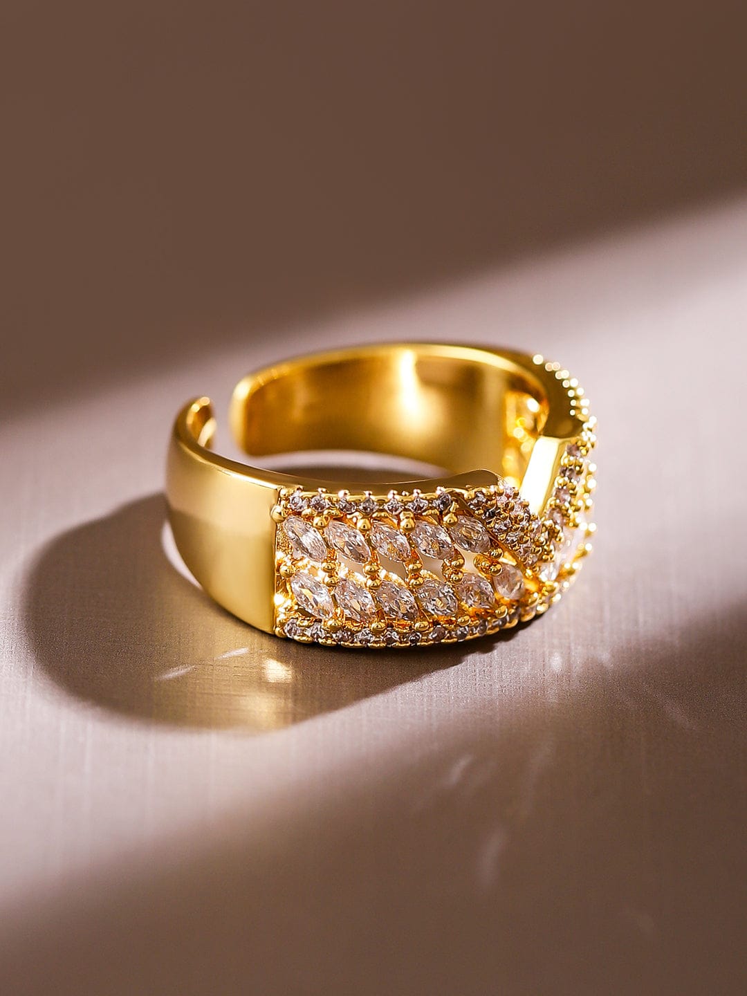 American Diamond Zirconia V-Cut Gold Ring