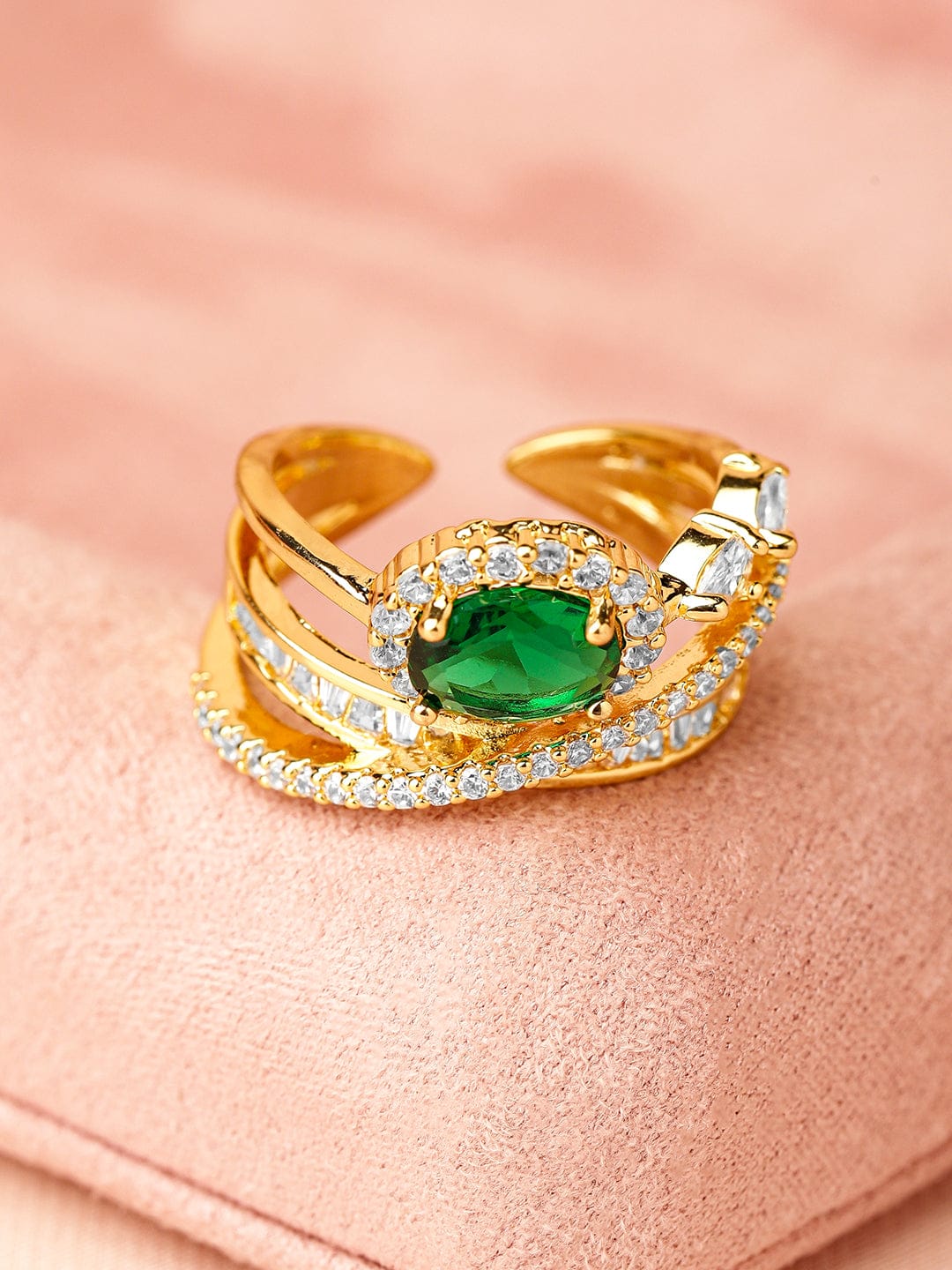 Green American Diamond Zirconia Gold Toned Ring