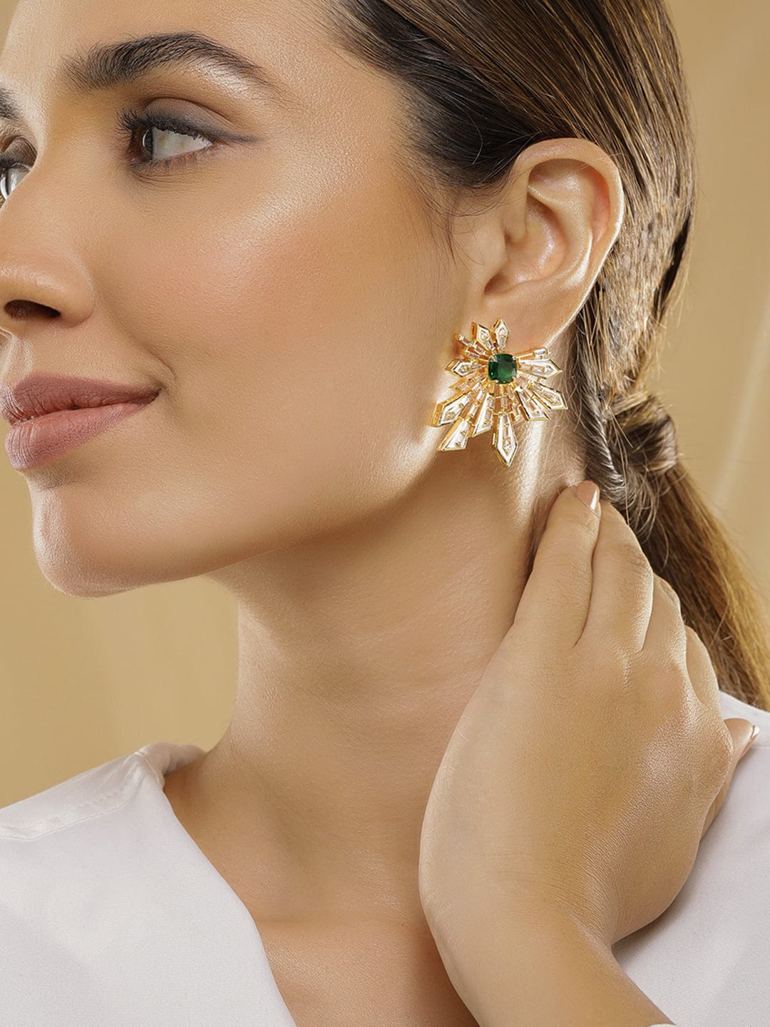 Floral Geometry Green & White Statement Studs