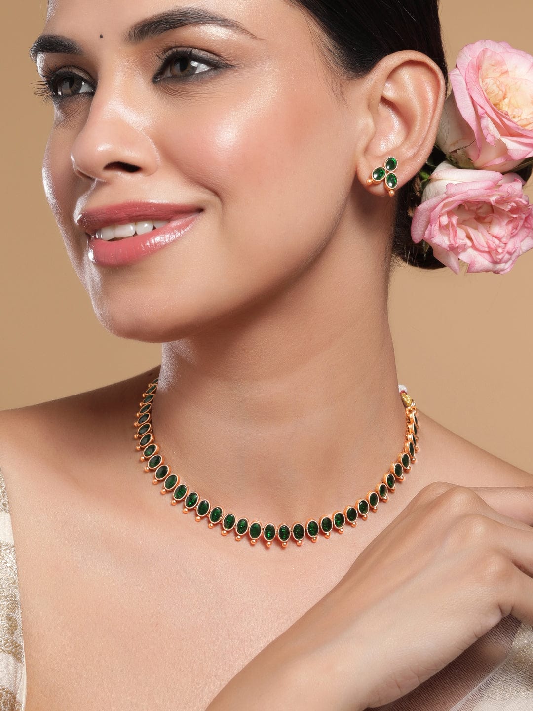 Emerald Studded Short Golden Necklace Set