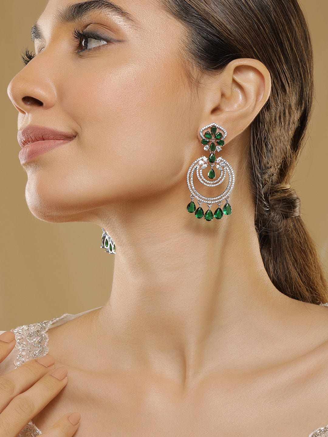 American Diamond Zirconia Green Dangler Earrings