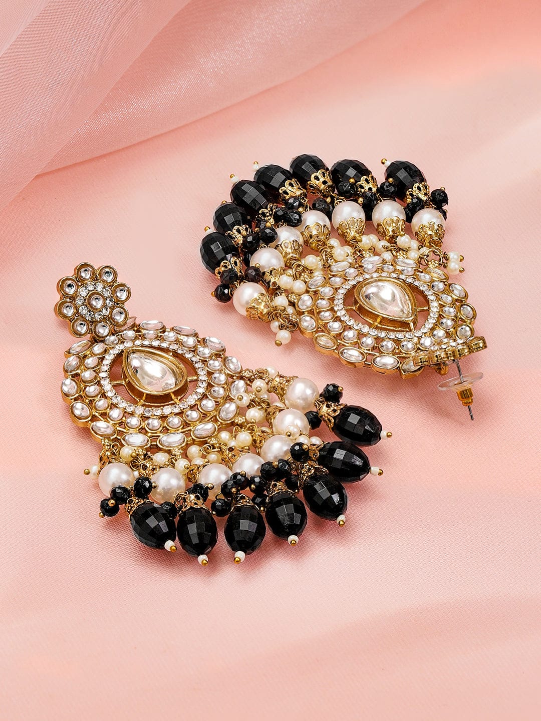 Black Bloom Kundan Chandelier Earrings