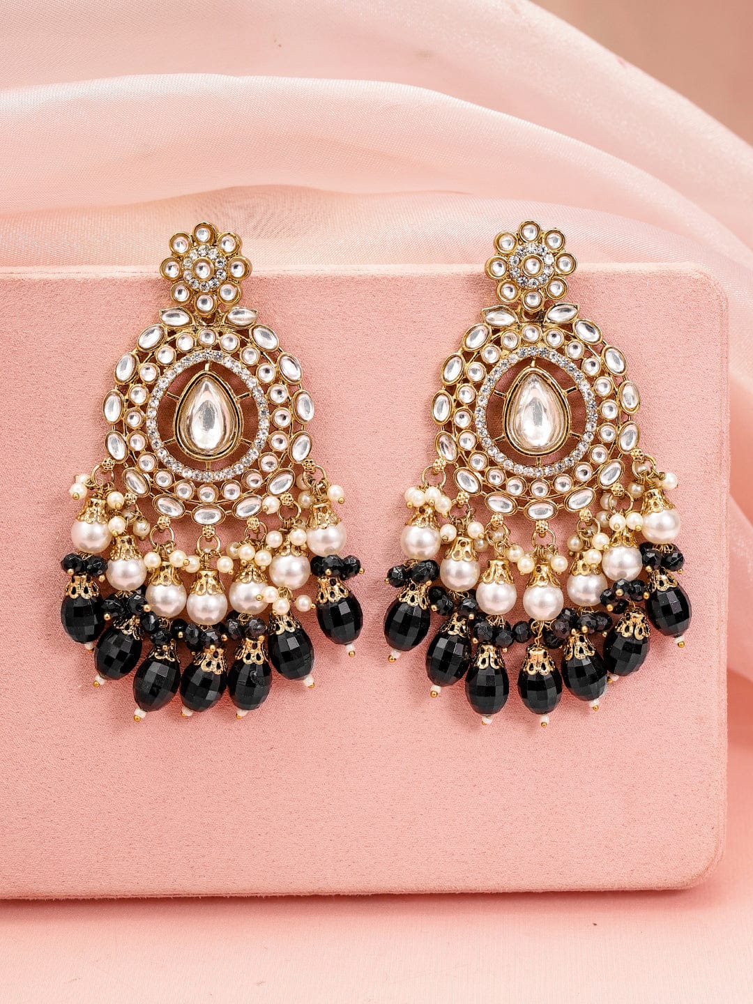 Black Bloom Kundan Chandelier Earrings