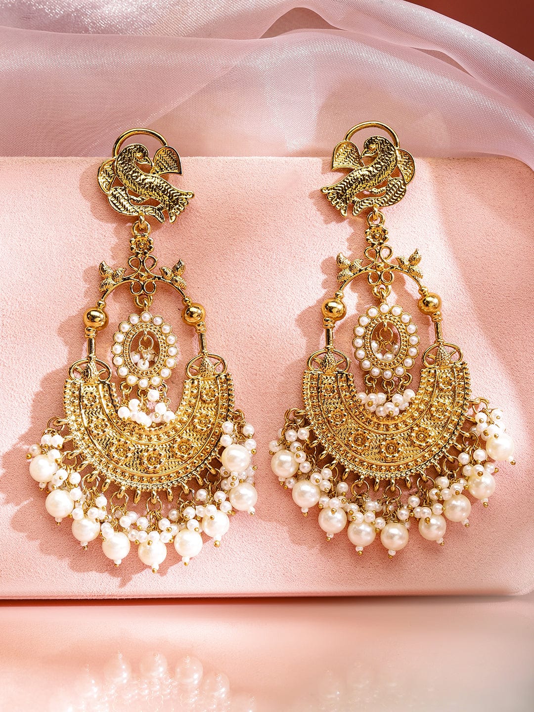 Wentra 18K Gold-Plated Large Chandbali Earrings with Pearl Beaded Accents
