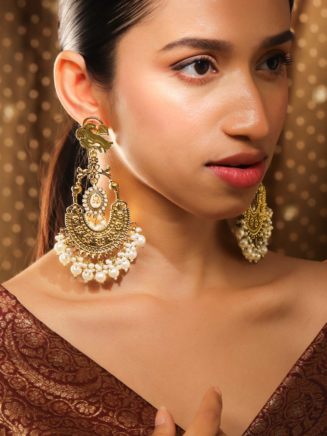 Wentra 18K Gold-Plated Large Chandbali Earrings with Pearl Beaded Accents