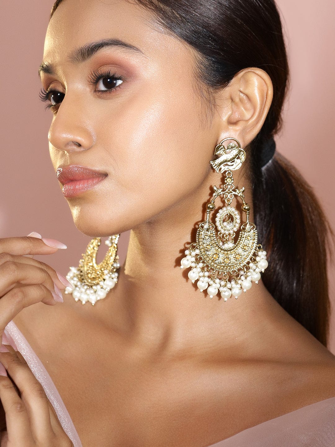 Wentra 18K Gold-Plated Large Chandbali Earrings with Pearl Beaded Accents