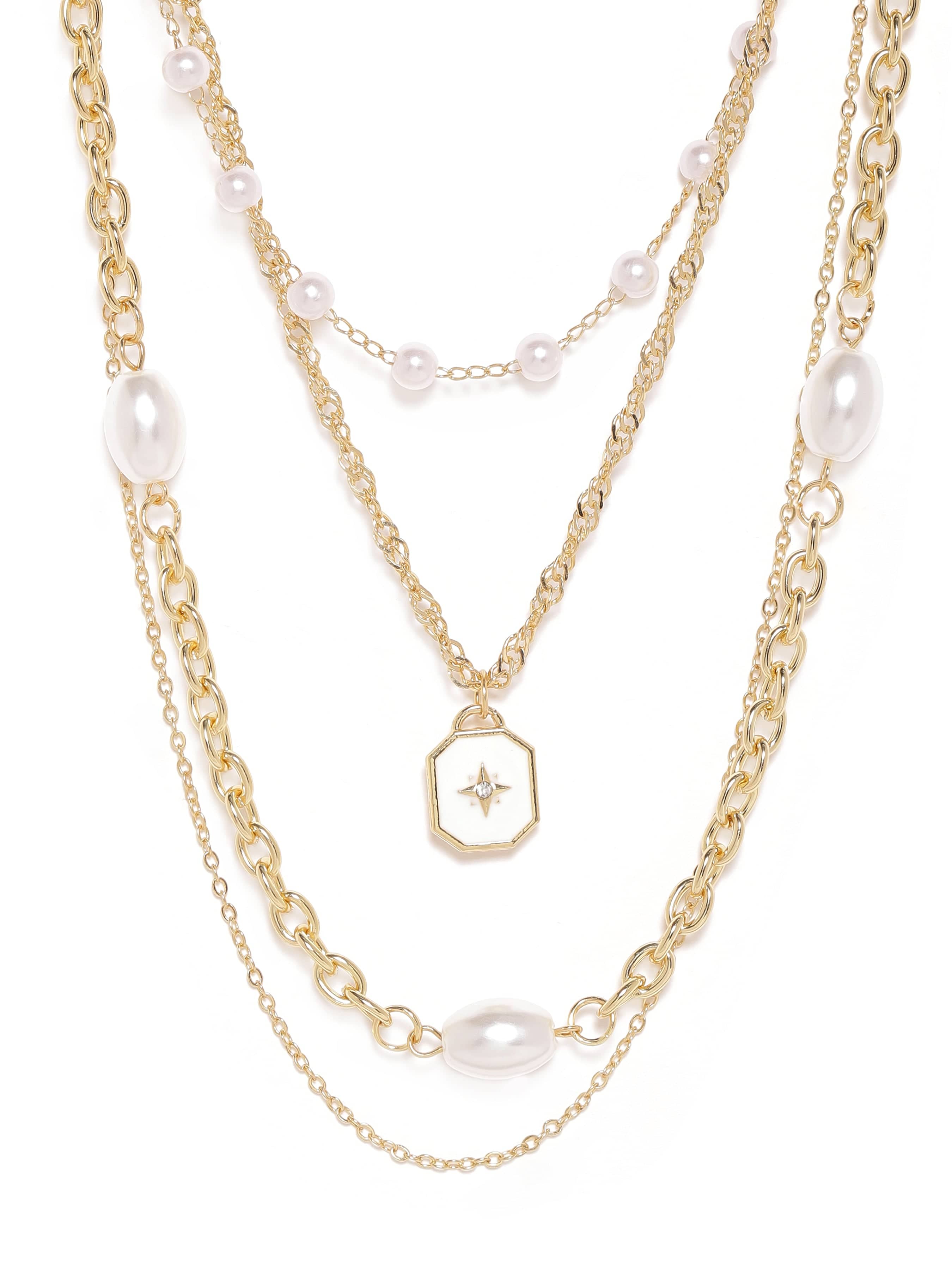 White Beaded Multi Layered Long Gold Necklace