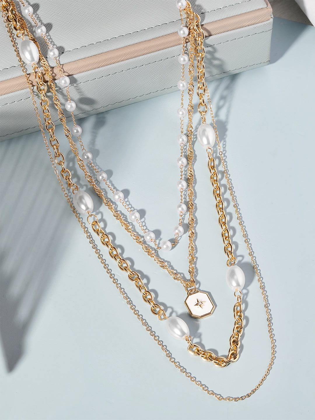 White Beaded Multi Layered Long Gold Necklace