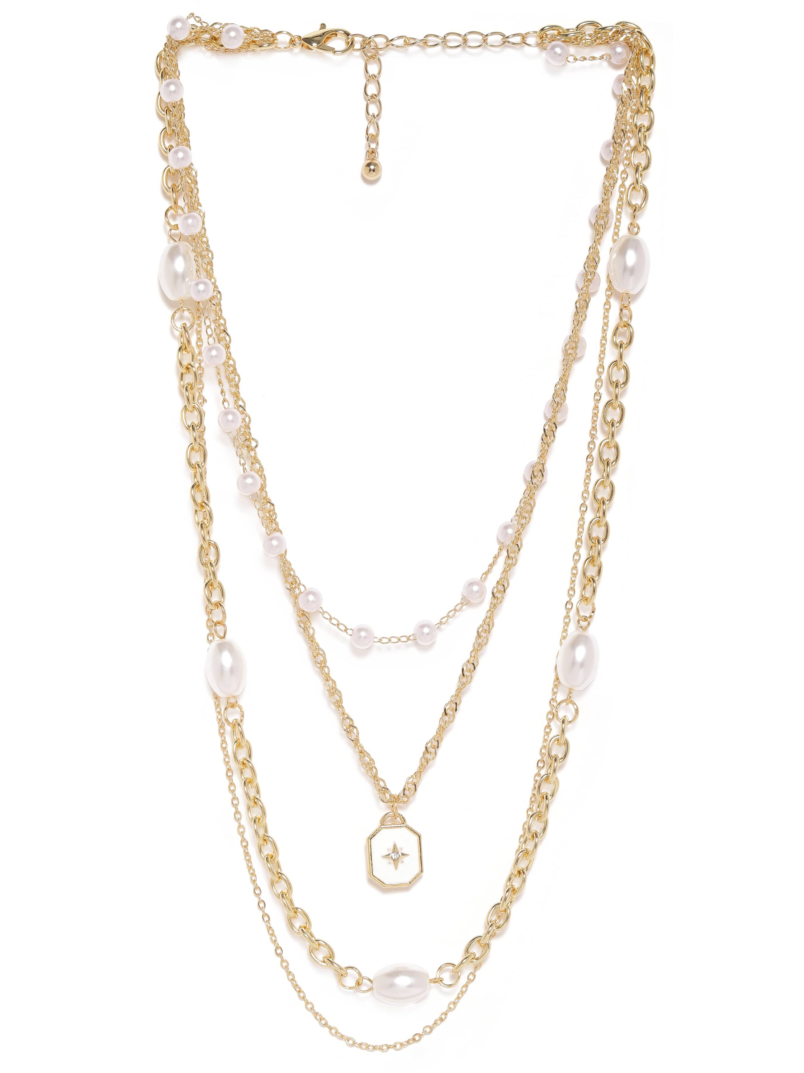 White Beaded Multi Layered Long Gold Necklace